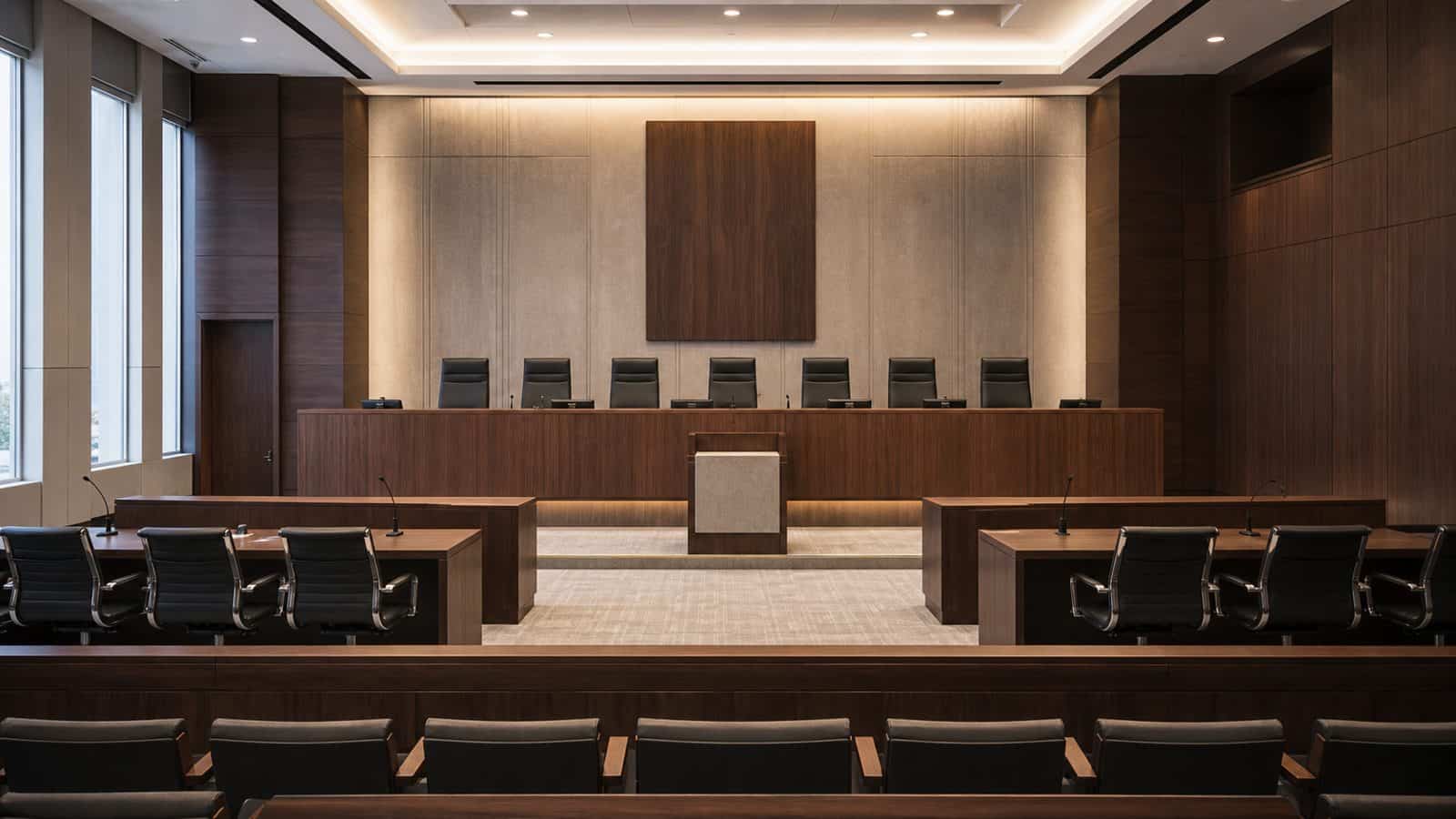 An empty courtroom (litigation sits outside Partner Plan scope)
