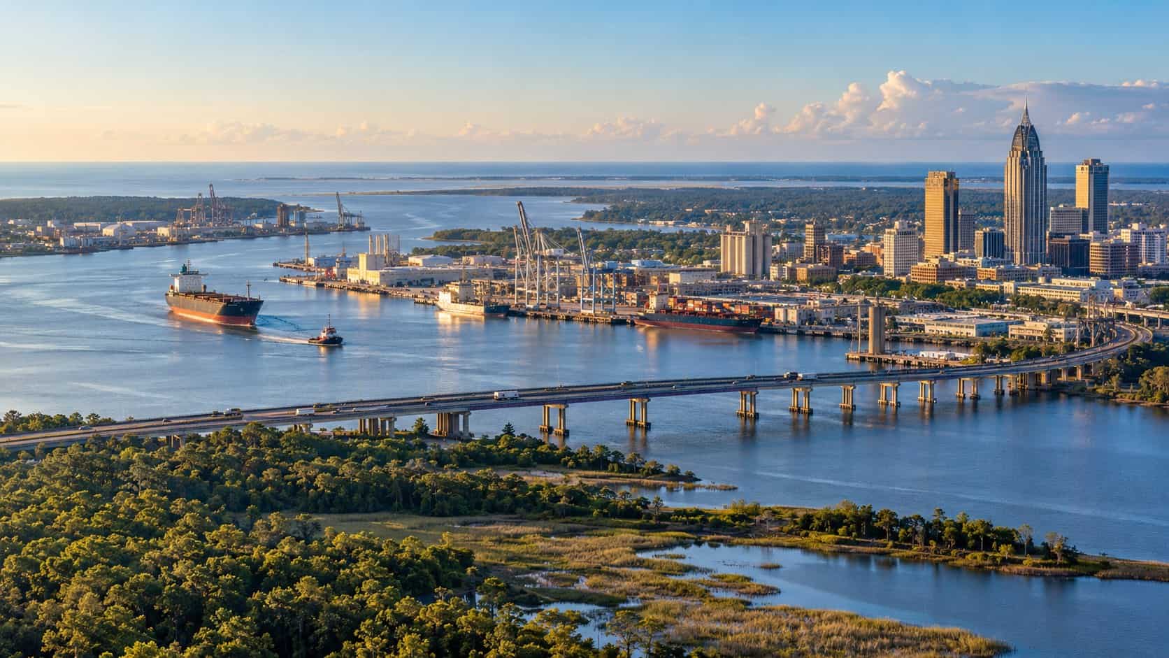 Mobile Bay, downtown Mobile, port activity and South Alabama coastline