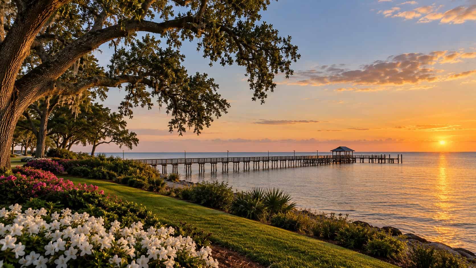 Fairhope Municipal Pier and landscaped waterfront park at sunset