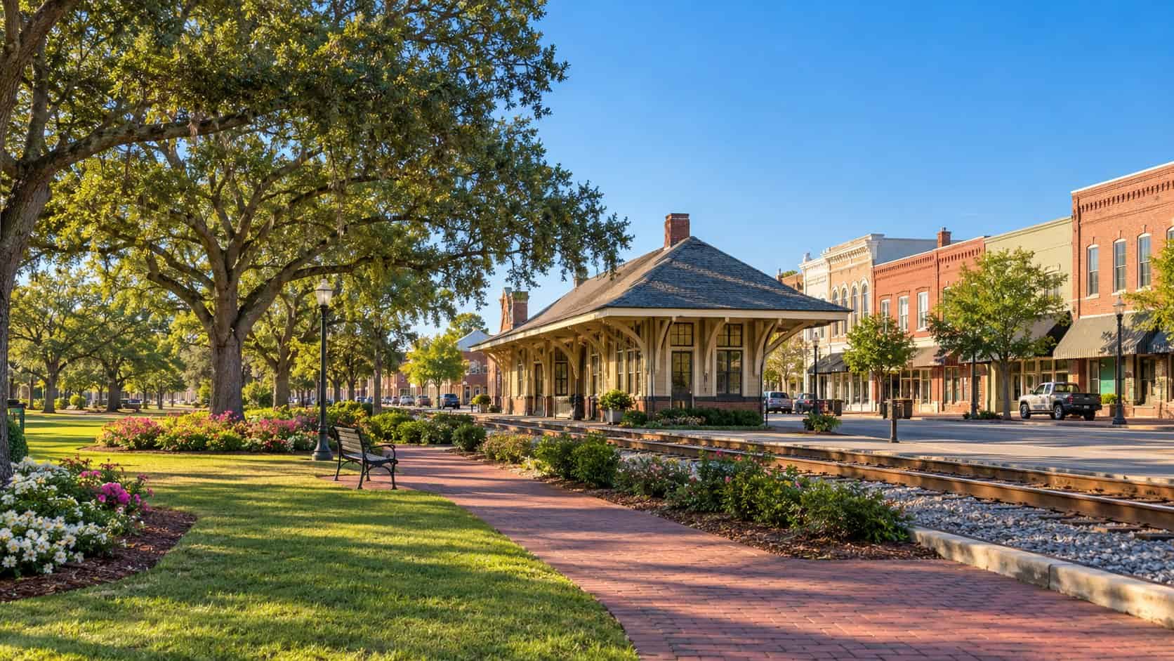 Historic railroad depot, park and downtown business district in Foley, Alabama