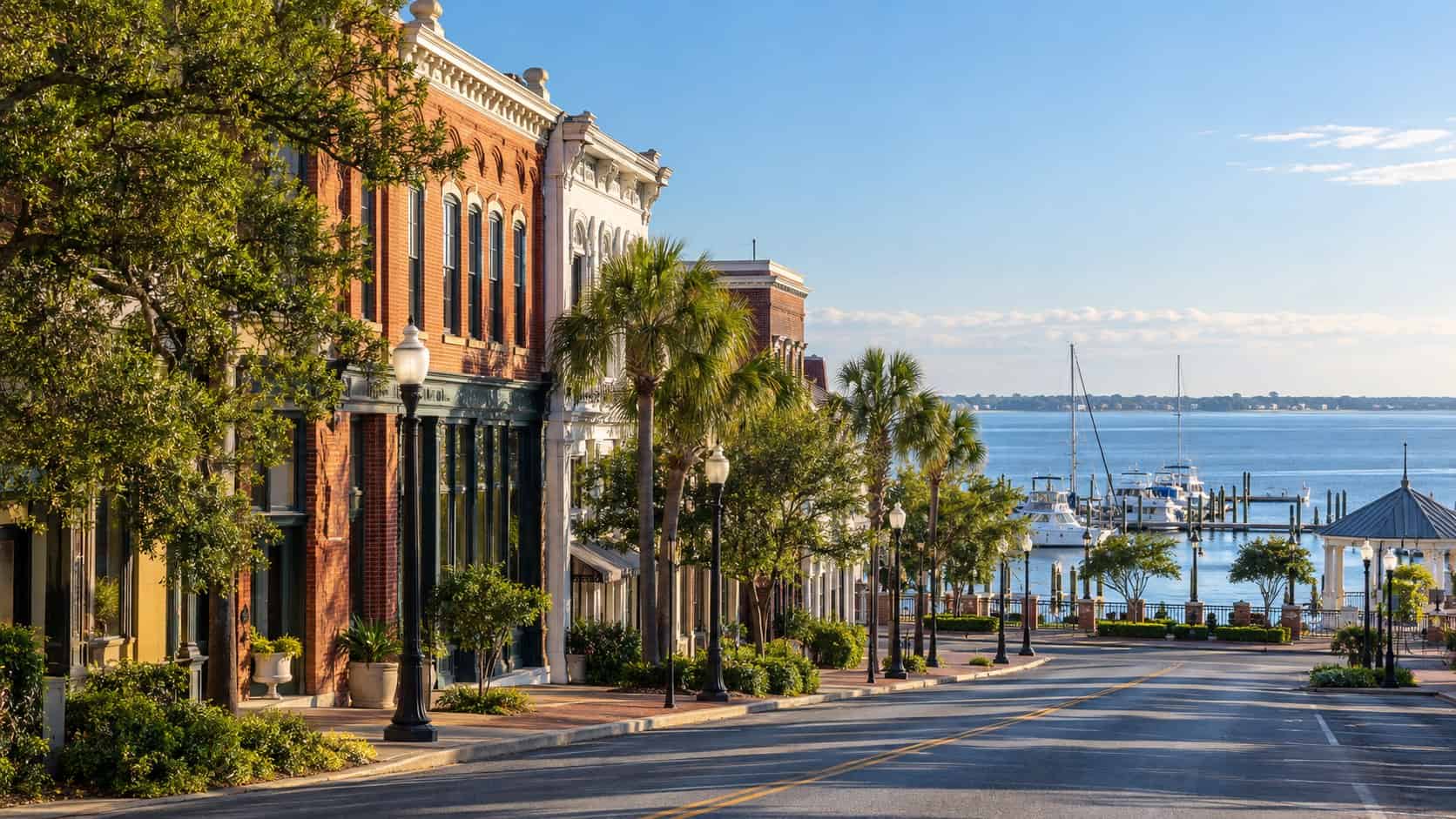 Historic downtown Pensacola, Florida streetscape leading toward Pensacola Bay