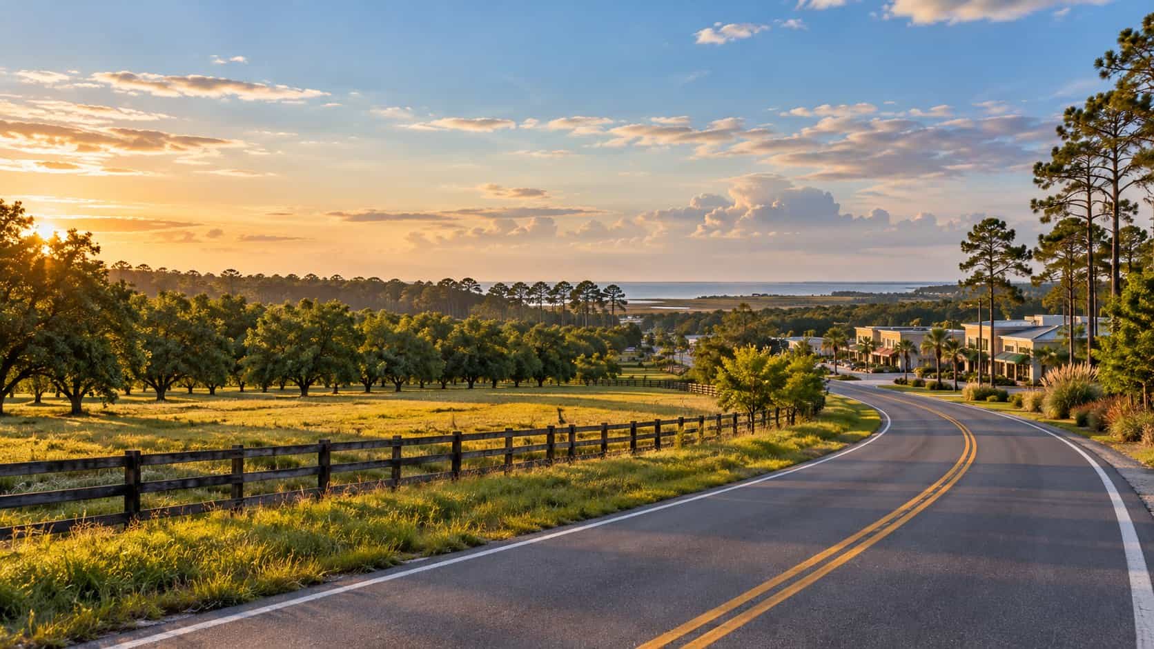County road through farmland and growing communities in South Baldwin County, Alabama