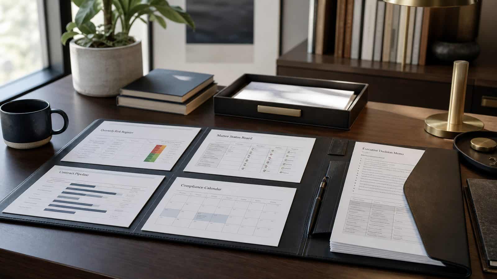 Legal operations working papers: risk register, matter status board, and compliance calendar